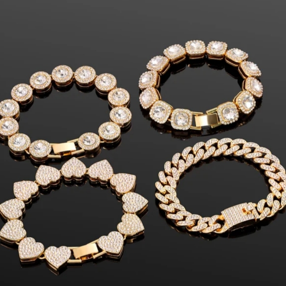 Pave Iced CZ Crystal Gold Heart Links Bracelet Rhinestone Hearts Unisex Mens New - Picture 8 of 9